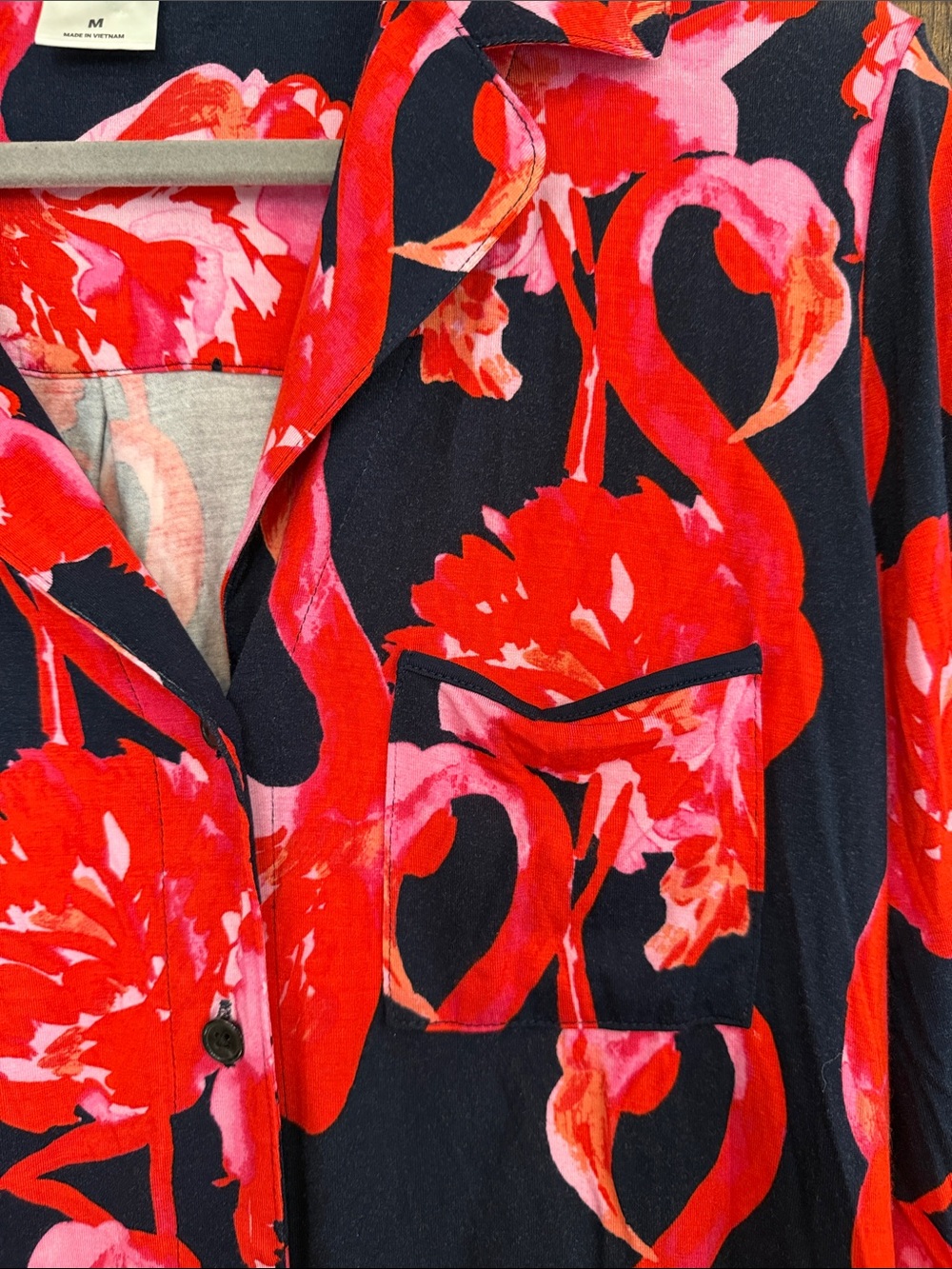 Soma Cool Night Navy red pink flamingoes print long sleeve button down pj top - Picture 3 of 9